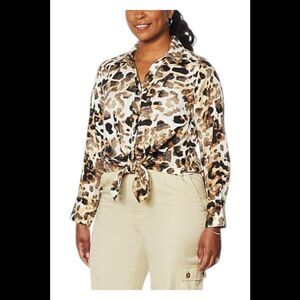David Meister Women's Washed Luxe Tie Front Shirt Leopard Print - Regular